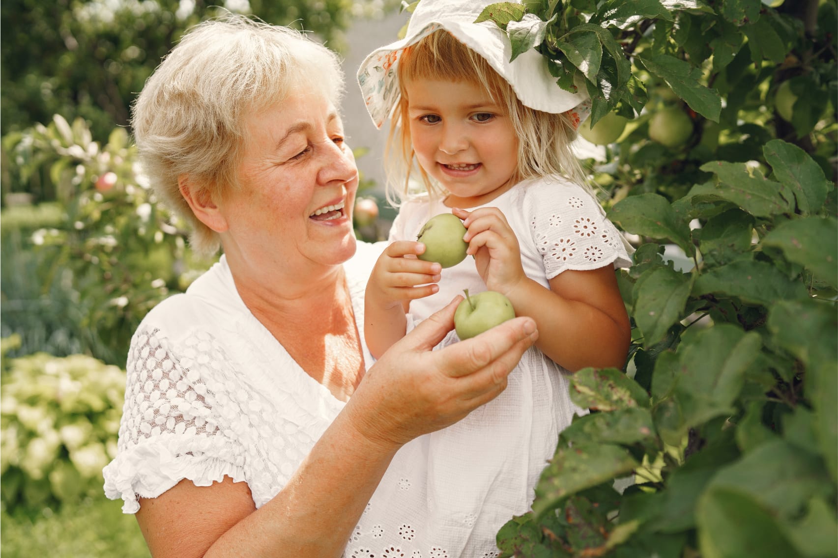 Grandmother and granddaughter picking apples